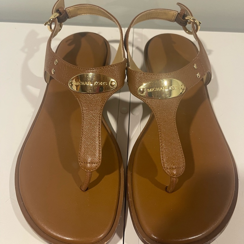 Michael Kors Brown T-Strap Sandals with Gold Accent